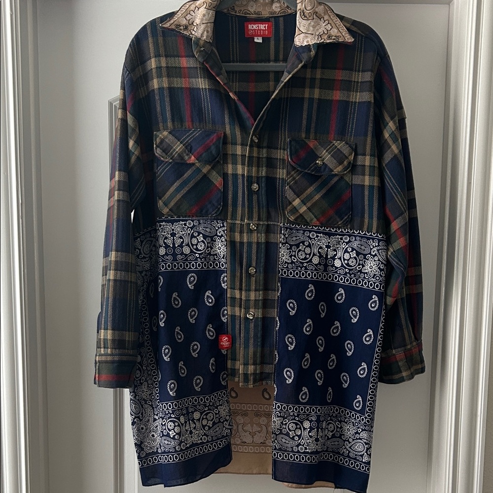 Super cool Rcnstrct Studio Unisex Original Handmade plaid bandana shirt Large